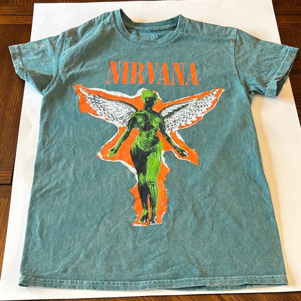 Nirvana In Utero T-Shirt Small Thrashed Distressed Vintage Wash Grunge Green